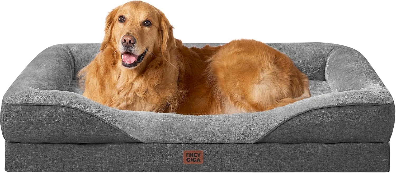EHEYCIGA Orthopaedic Dog Bed for Large Dogs, 106.5 x 76 x 18.5 cm, Memory Foam Washable and Waterproof Dog Basket with 4 Edges, Non-Slip Dog Sofa, Grey