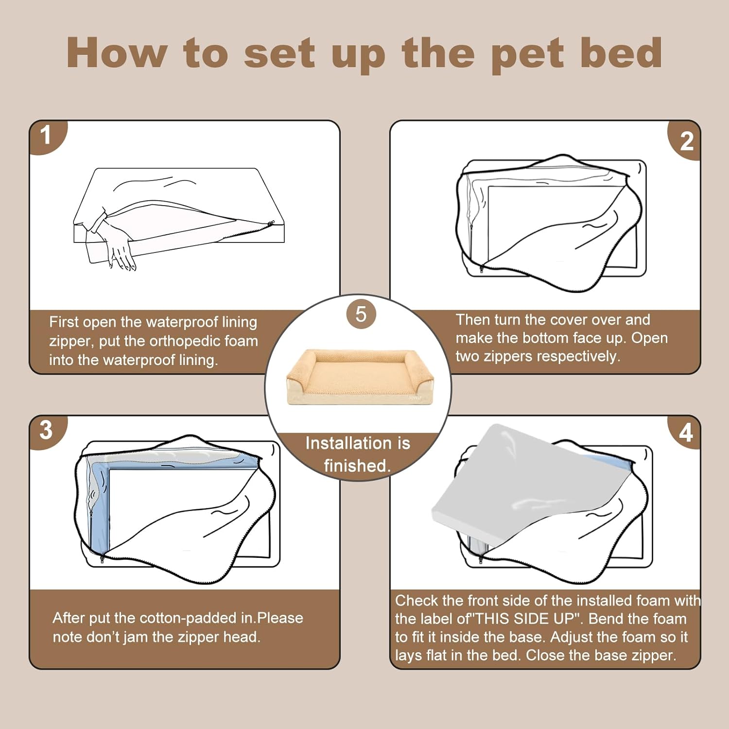 JOYELF Orthopaedic Dog Bed for Medium Dogs, Foam Sofa Couch Bed, Waterproof Pet Bed with Removable, Washable Cover and Non-Slip Bottom, Khaki – Bild 7