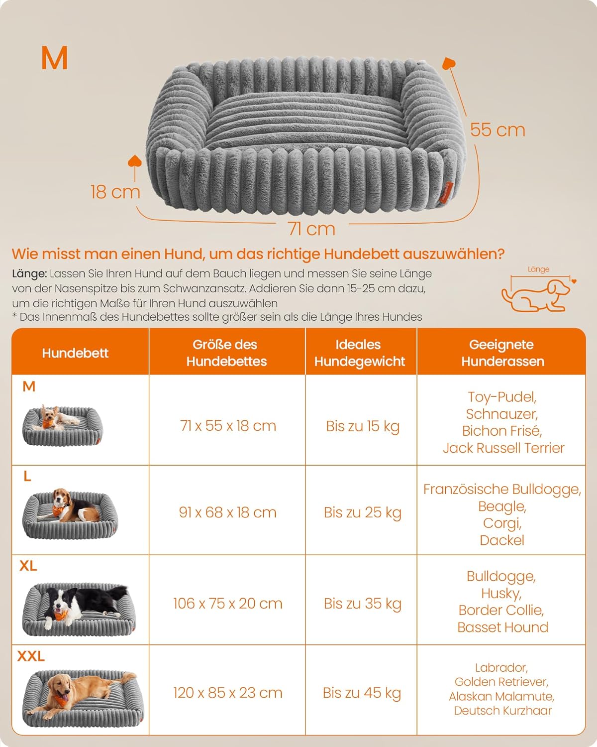 Feandrea Dog Bed, Medium Orthopaedic Dog Basket, Washable Dog Cushion, Fluffy Dog Mat, Soft Padding, 71 x 55 x 18 cm, Dove Grey PGW311GD01 – Bild 6