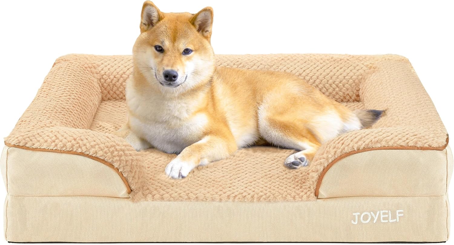JOYELF Orthopaedic Dog Bed for Medium Dogs, Foam Sofa Couch Bed, Waterproof Pet Bed with Removable, Washable Cover and Non-Slip Bottom, Khaki