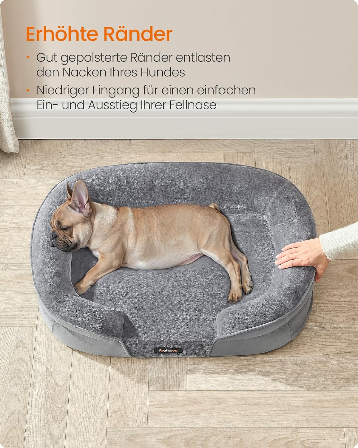 Feandrea PGW281G01 Dog Bed for Medium Dogs, 76 x 51 x 18 cm, Orthopaedic, Waterproof Inner Layer, Raised Edges, Removable, Washable Cover, Non-Slip, Light Grey – Bild 5